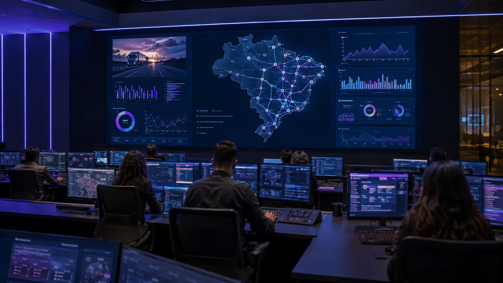 Representação de uma torre de controle logístico com painéis de acompanhamento